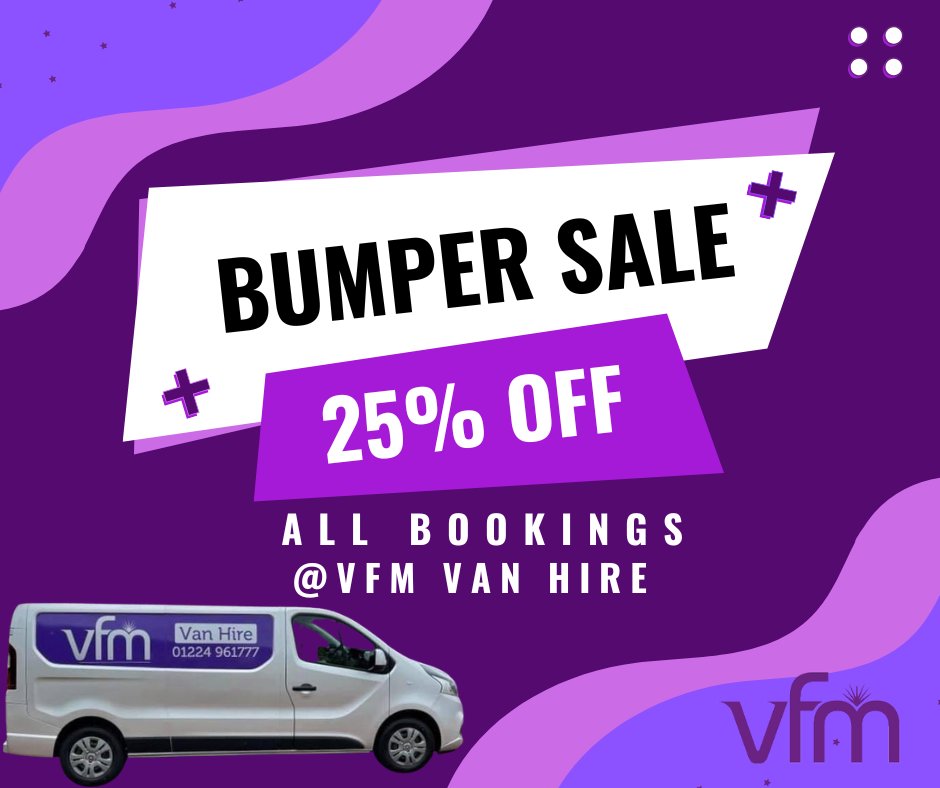 VFMVanHire's tweet photo. Our BUMPER SALE starts today until 3 Feb inclusive:

** 25% OFF ALL ONLINE BOOKINGS for 2025**

Applies to all Minibus and Van Hire. Book now for 2025 to enjoy the discount.
Book here: https://t.co/QArq4pWQFY Get in touch for more info.
#vanhire #aberdeen #minibushire https://t.co/nGDe0Ktiy5