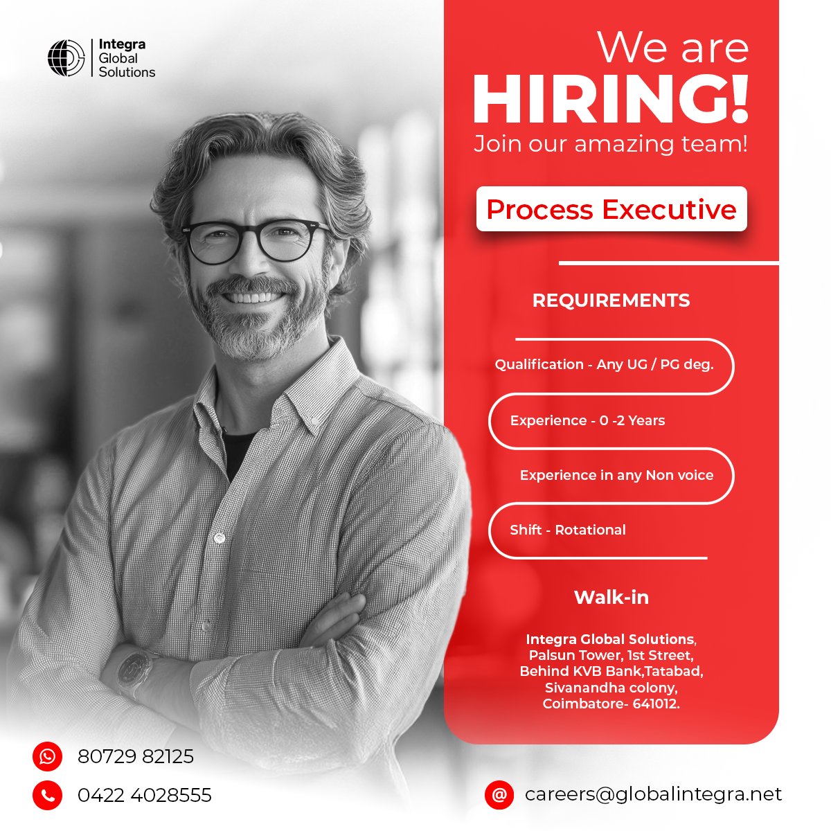 integra_tweet's tweet image. We&apos;re on the lookout for enthusiastic individuals to join our team as Process Executives!
.
.
.
#WeAreHiring #CoimbatoreJobs #ProcessExecutive #IntegraGlobalSolutions #HiringNow #WalkInInterview #JobOpportunity #Integrites #IntegraFamily