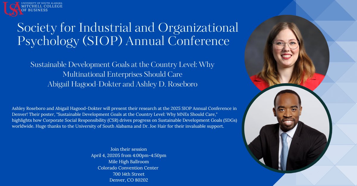 🌟 Exciting News! 🌟
Abigail Hagood-Dokter &amp; Ashley D. Roseboro will present their research at the 2025 SIOP Annual Conference in Denver!
Join us as we explore how CSR drives SDGs worldwide using data from 227 countries. 🌍
Thank you, <a href="/USA_Mobile/">USA Mobile</a> &amp; Dr. Joe Hair, for the support!