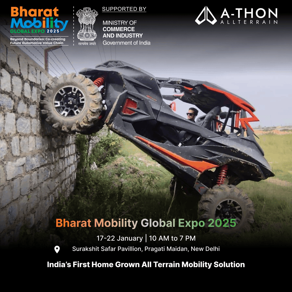 athonallterrain's tweet photo. A-THON is joining the Bharat Mobility Global Expo 2025! Don't miss the event where innovation, creativity, and connections meet.
Date: Jan 17–22, 2025
Venue: Pragati Maidan, New Delhi
#A-THONJoinsTheAction #BharatMobility https://t.co/nNIdVjcVb9