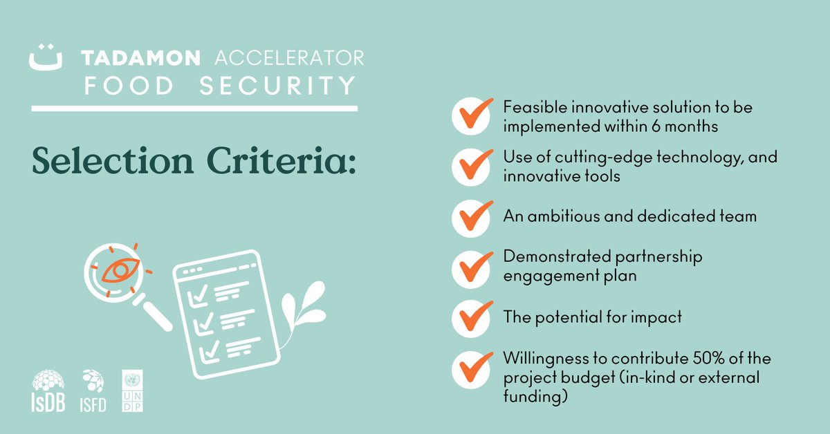 ✅ If your organisation ticks all the boxes in our selection criteria, do not miss the opportunity to join our Accelerator and become one of the game-changing innovators!

🔗 Link to apply tadamon.community/accelerator/cs…

#FoodSecurity #Innovation #Grants #TadamonForFood