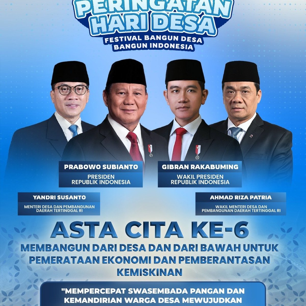 nur1086's tweet photo. Semoga lancar di Hari H.
@prabowo 
@gibran_tweet 
@YandriSusanto 
@ahmadrizapatria 
@Mursyidan10 
@kemendespdt 
@tppkemendes 
#PeringatanHariDesa https://t.co/JBulQ9MIMh