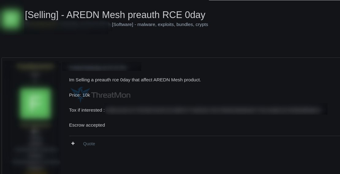 MonThreat's tweet photo. 🚨 Alleged AREDN Mesh Preauth RCE Zero-Day Vulnerability for Sale 🚨
A threat actor claimed to have put up for sale a remote code execution before authentication (RCE) zero-day vulnerability affecting AREDN Mesh products.
#ZeroDay #AREDN #Vulnerability #ThreatIntelligence https://t.co/mnzCFjvd35