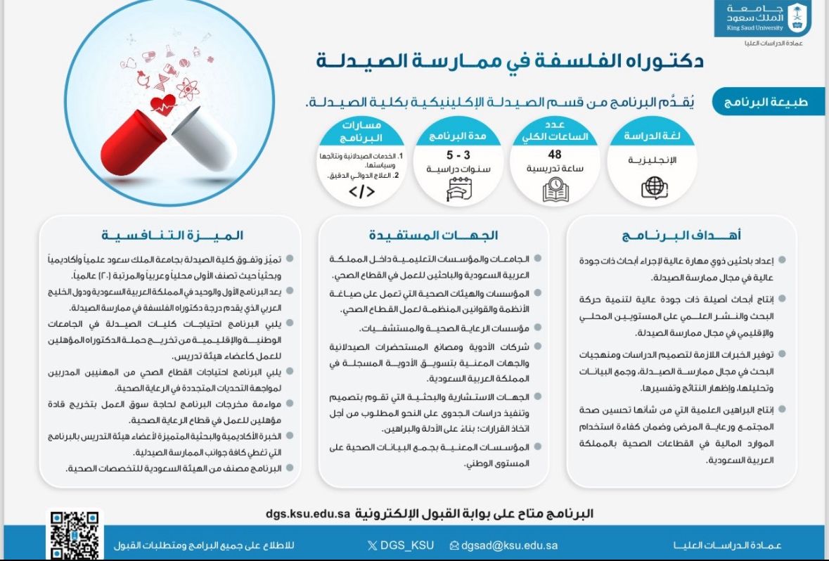 📢 تعلن كلية الصيدلة  عن استمرار التقديم في برنامج الدكتوراه في ممارسة الصيدلة للعام القادم، والذي يقدمه قسم الصيدلة الإكلينيكية، حتى 2 فبراير 2025م.

🔗 التقديم متاح عبر بوابة القبول بعمادة الدراسات العليا:
ksu.sa/OYkuq
لمزيد من التفاصيل،:
ksu.sa/hlyiI