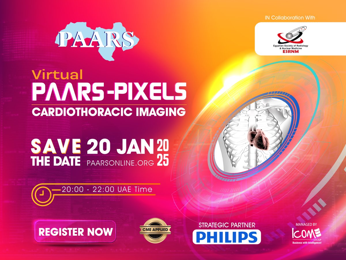 Save the date for the 5th #PAARS – PIXELS Webinar: #CardiothoracicImaging
📅January 20, 2025
⏱ 20:00 UAE Time (GMT +4)
Don't miss this incredible opportunity to stay up-to-date with the latest advancements in cardiothoracic imaging!
Register Now: paarsonline.org/cardiothoracic…