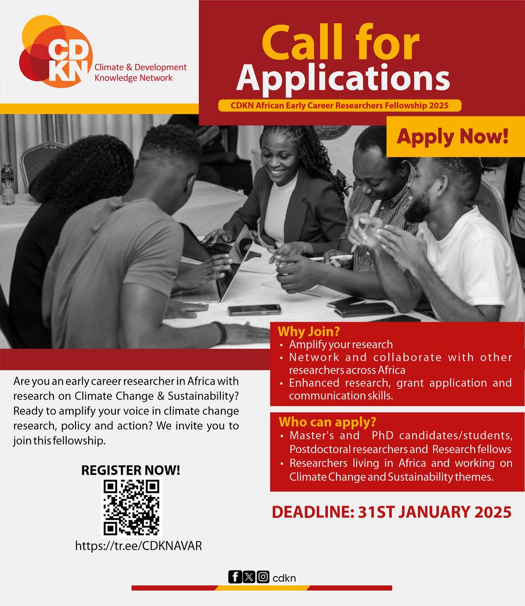 cdknghana's tweet image. We are back with major news and this time its bigger!
Are you an early-career researcher in Africa working on Climate Change &amp;amp; Sustainability?

Register via tr.ee/CDKNAVAR !

Share, Recommend, Apply!
#cdknghana #cdkn #knowledgebrokering #AVAR #locallyledadaptation #ghana