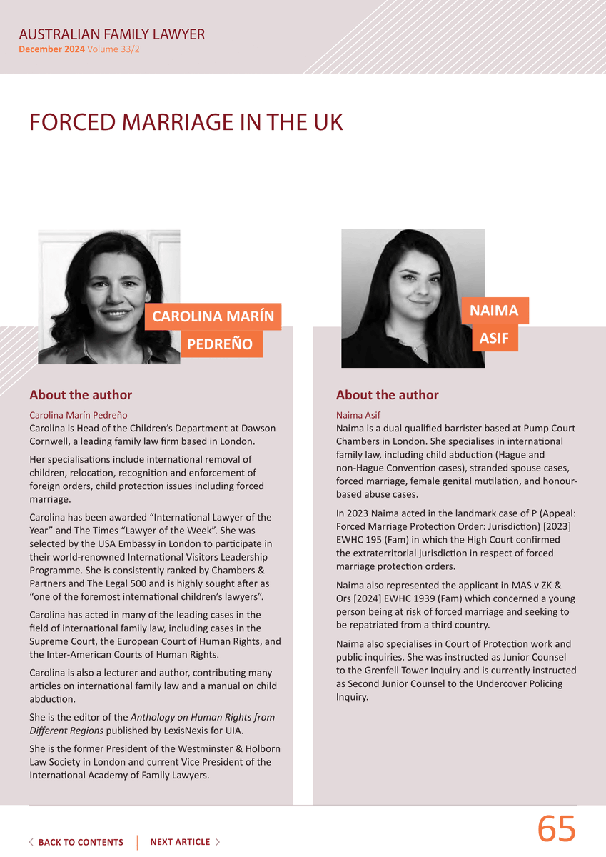In the latest issue of <a href="/LCAFLS/">Family Law Section, Law Council of Australia</a> Australian Family Lawyer, Partner Carolina Marín Pedreño and Naima Asif of <a href="/PumpCourt/">Pump Court Chambers</a> discuss the legal framework in place for dealing with #ForcedMarriage in England and Wales.

#FamilyLaw