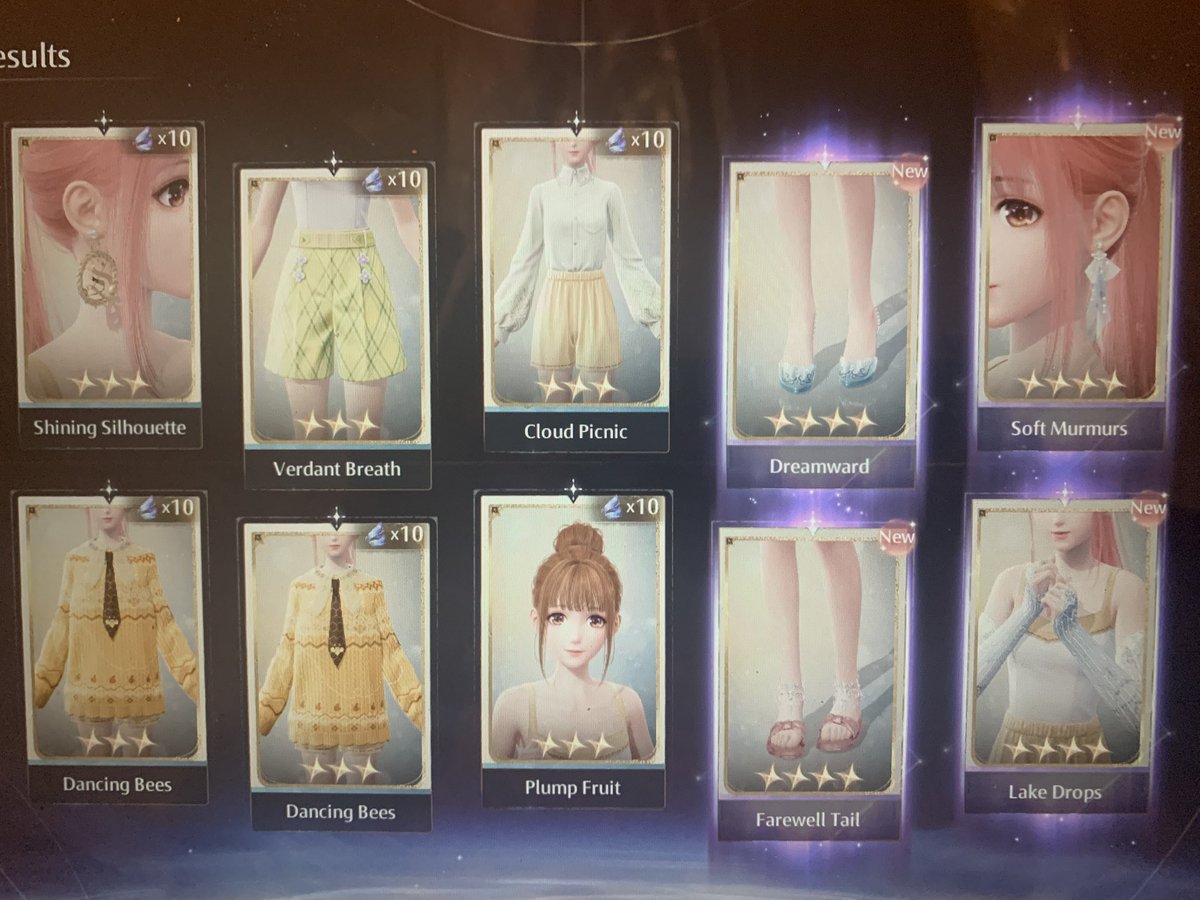 I GOT FOUR PIECES IN ONE TEN PULL WTF?? ALSO THIS PULL WASNT THE ONLY ONE LIKE THIS ALL MY PULLS HAD LIKE 3-4 PIECES SO I MANAGED TO GET THE RECOLOR PLUS THE WALTZ SET #InfinityNikki