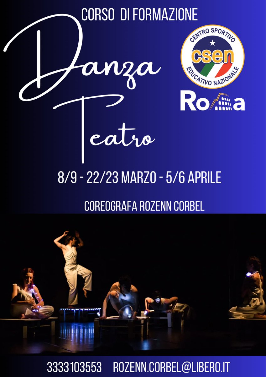 Le iscrizioni sono aperte per il Corso di Formazione Danzateatro rivolto ad insegnanti Danza e Danzatori per poter insegnare alle fasce di età comprese trai 3 ei 13 anni. Rilascio Diploma e tesserino tecnico dallo CSEN Roma con direzione organizzativa di Paola Rizzica.
