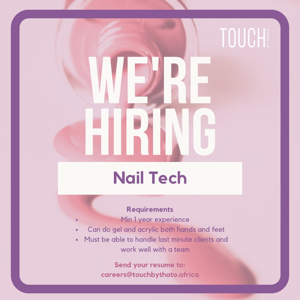 thatodinalane's tweet photo. 🚨 We’re Hiring! 🚨
Touch by Thato is looking for talented professionals to join our growing team:

✨ Lash Technician
💅🏾 Nail Technician
💇🏾‍♀️ Hairstylist

If you’re passionate about beauty and ready to work, please email your CV and portfolio to the email in the post. https://t.co/WRGmw4fx95