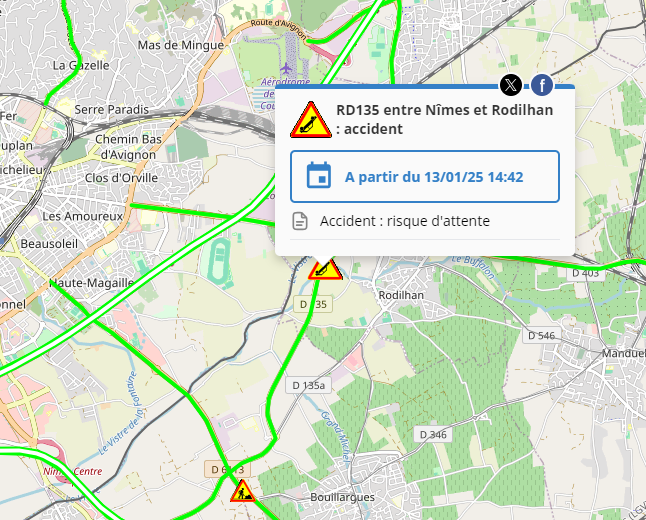 InfoRouteGard's tweet photo. @Gard #Accident sur RD135 Chemin des canaux entre #Nîmes et #Rodilhan
circulation difficile le temps d'évacuer les véhicules
@pompiersdugard @WazeGard @icigardlozere https://t.co/5YaDkqgPya