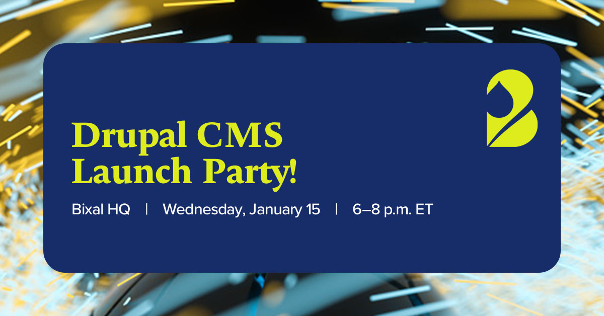 Join us for #DrupalCMS Launch Party, Wednesday, Jan 15, at 6 p.m. ET at Bixal's Fairfax office.

Catch the global launch restream, network with fellow Drupal enthusiasts, gain insights from community experts, enjoy snacks + drinks. 

Register: ow.ly/8Bhn50UFghq
#DrupalFest