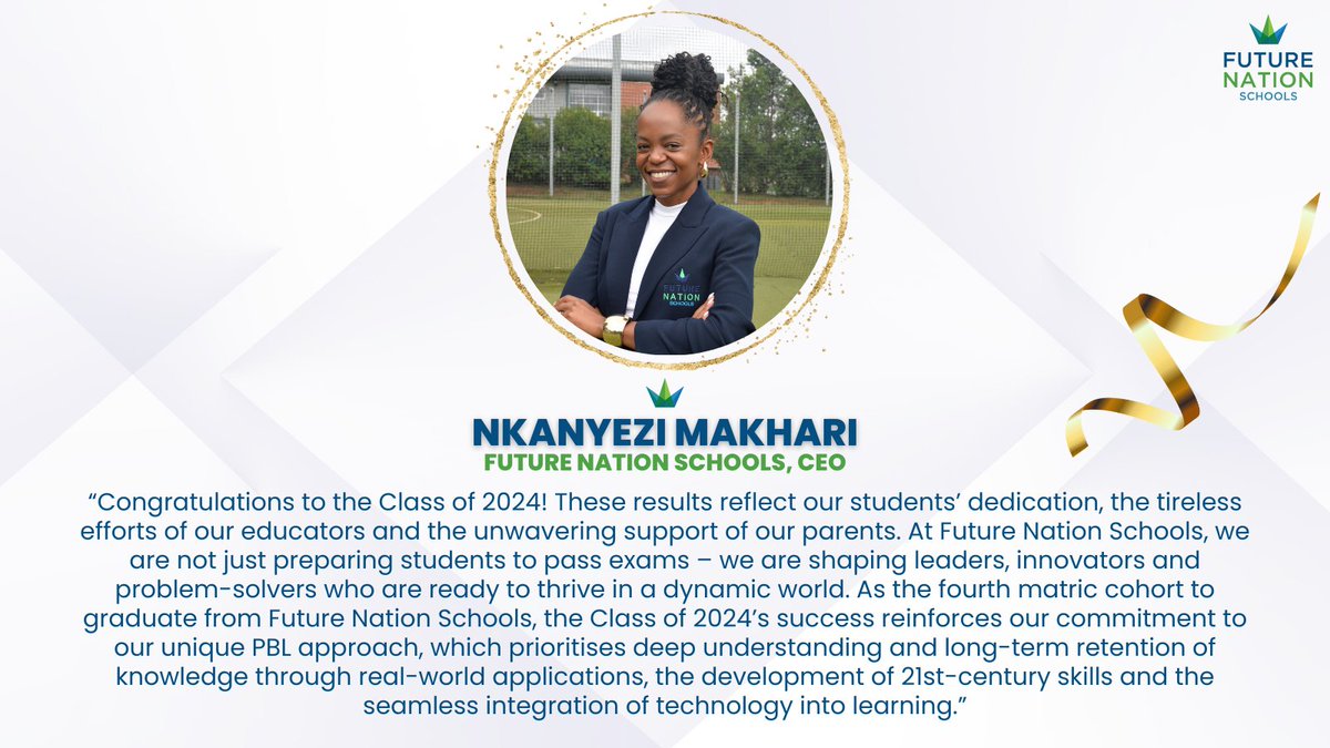 🎉✨ A moment of pride and excellence!

Future Nation Schools' newly appointed CEO, Nkhanyezi Makhari, celebrates the remarkable achievements of the Matric Class of 2024 in their IEB final examinations. 

Read what she had to say about these African change-makers! 

#FNSPride