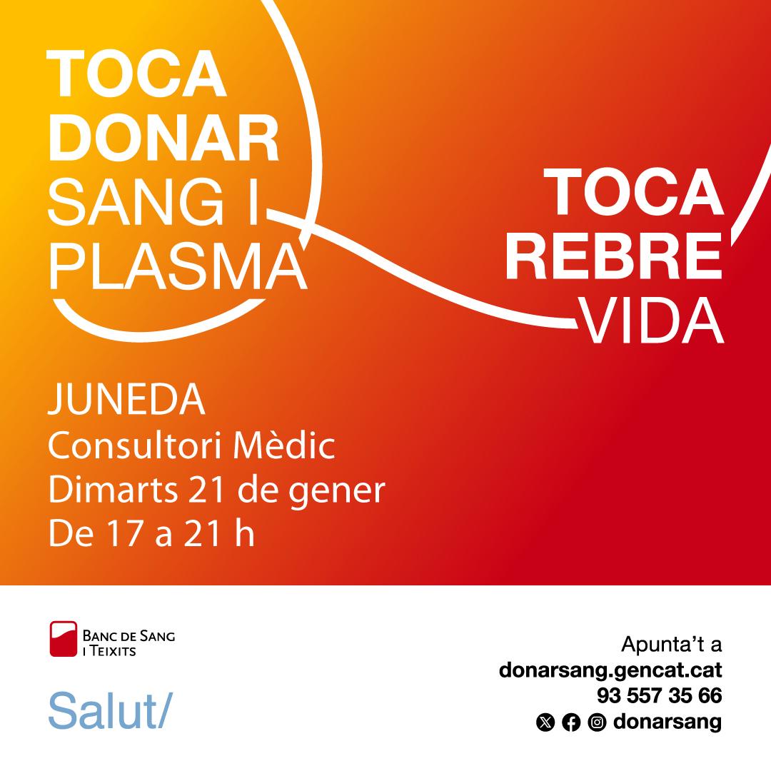 Dimarts 21 de gener tens una cita per donar sang. 🩸

📍 Consultori Mèdic de Juneda.
🕕 de 17 h a 21 h.
ℹ donarsang.gencat.cat