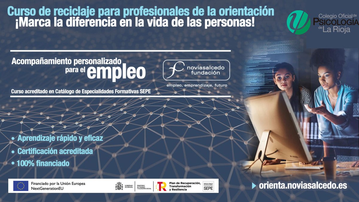 Nueva edición del CURSO: “Acompañamiento Personalizado para el  Empleo”. Convenio de Colaboración COP La Rioja con Fundación Novia  Salcedo y el SEPE copsrioja.org/actualidad/not…