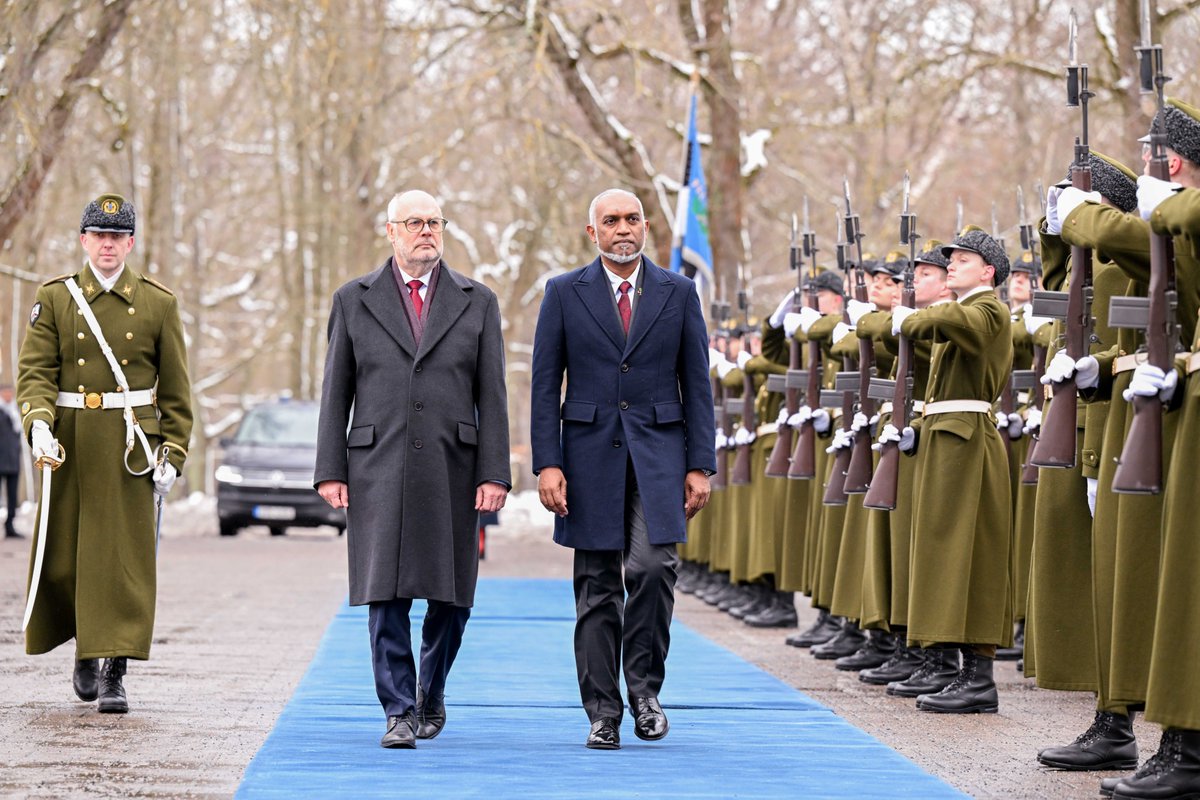 presidencymv's tweet photo. The President of Estonia officially welcomes President Dr Muizzu 
https://t.co/PB3qp7mgDk https://t.co/qaWCLstSyq