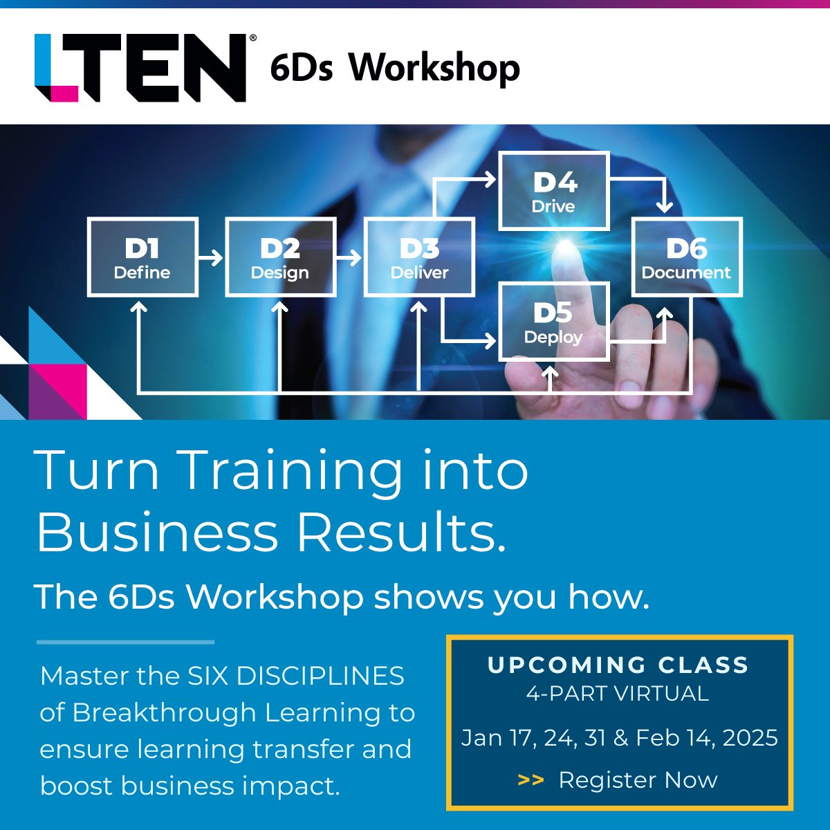 yourLTEN's tweet image. Join us for the upcoming #LTEN #6Ds® Workshop! In this four-part virtual workshop starting on January 17, you'll acquire the skills and tools needed to transform your training into a powerful catalyst for business impact. Only few seats left! Register now!
l-ten.org/Web/Events/Eve…