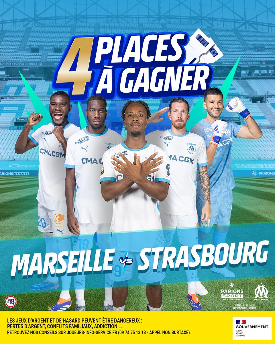 ParionsSport's tweet photo. [#Concours 🔵⚪]
L'#OM enchaine les victoires et retrouve le Vélodrome ce dimanche pour accueillir Strasbourg ! On vous offre 2 x 2 places pour le match: 

Pour participer: 
👉 RT & follow

📅 TAS le 16/01
📄 Règlement: https://t.co/XHffOlAbBi