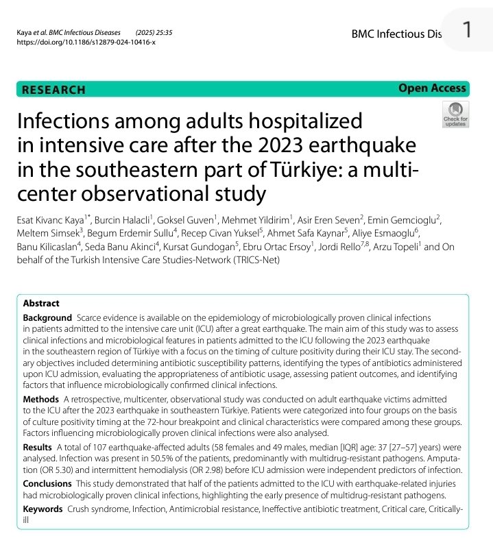 Our study revealed very high rate (50%) of #infections after 2023 #Kahramanmaras #earthquake at early stage of #ICU admission, mostly due to MDR microorganisms; 11% received inappropriate antibiotics; highlighting need for guideline revision which were published &gt;10 years ago.