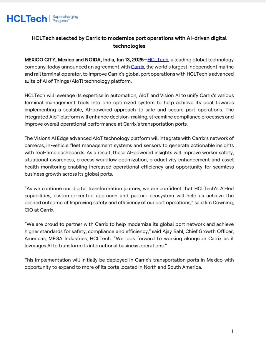 BNuthan's tweet photo. HCLTech teams up with Carrix to revolutionize port operations with AI-driven digital solutions. This partnership aims to boost safety, efficiency, and compliance across Carrix's global terminals.
#vismaya26
#HCLTech #Carrix #AI #IoT #DigitalTransformation #supplychainmanagement https://t.co/CKB4G72FEP
