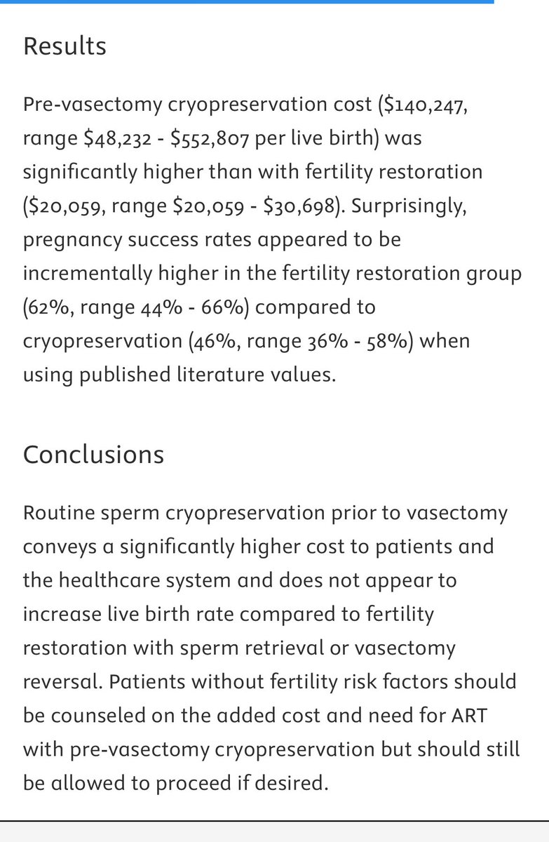 From my rockstar colleagues at <a href="/CleClinicUro/">Cleveland Clinic Urology</a> 

While cryopreservation is a must in Oncofertility, not quite as important in the vasectomy space

That being said, patients should know all their options. I share <a href="/fellow/">Fellow</a> info when folks ask 

doi.org/10.1016/j.urol…