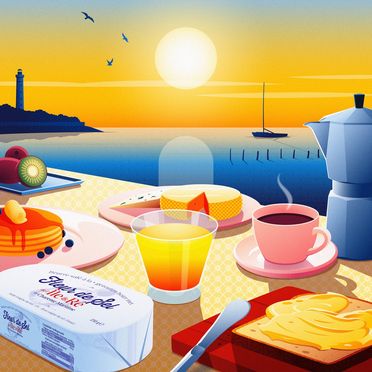 gm everyone 🩶
imo <a href="/PtiteAngele/">Angie 🪷💎</a> is pretty amazing
this piece is one of my favourites. the abstract adaptations of the sun's glare, the butter on the toast and the pattern on the ocean.  it's something I rarely see in this style but absolutely love.
credit:artistique-int.com/angie-mathot