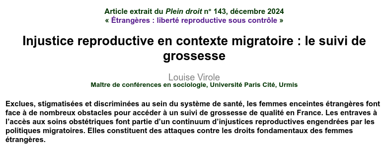 «Injustice reproductive en contexte migratoire : le suivi de grossesse», un article du Plein Droit 143
→ gisti.org/7425

Présentation/Sommaire du numéro
→ gisti.org/7422

Papier ⋅ boutique.gisti.org/publications/l…
ebook ⋅ boutique.gisti.org/publications/l…
