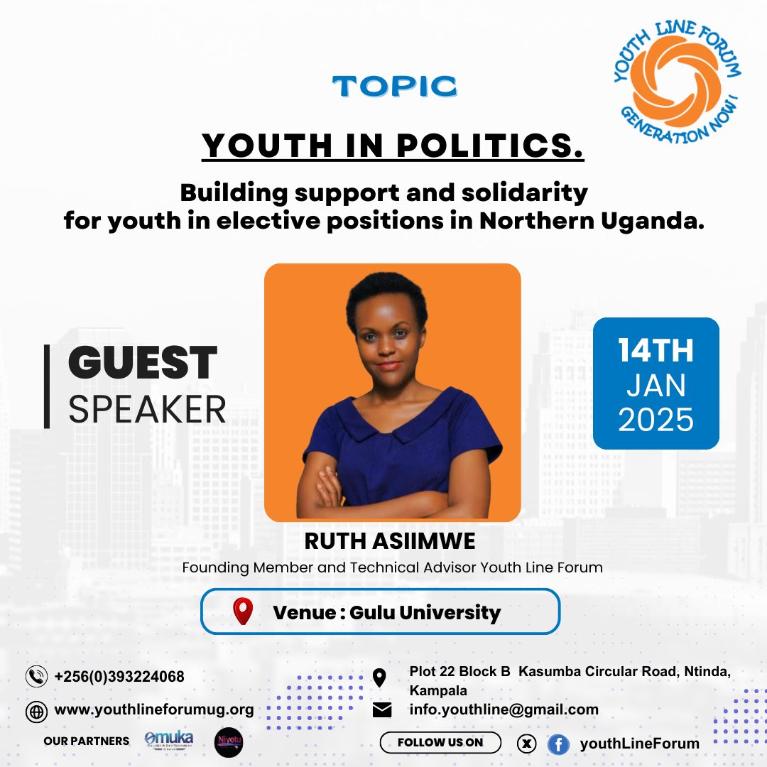 YouthLineForum's tweet photo. What a privilege to host our Technical Advisor, @RuthAsiimwe5, tomorrow in Gulu, as she passionately amplifies the need for youth participation in politics ahead of 2025-2026 elections.

Let us unite for a future where young leaders thrive in Northern Uganda!
Join us. 
#gennow https://t.co/iwTeNFE5gb