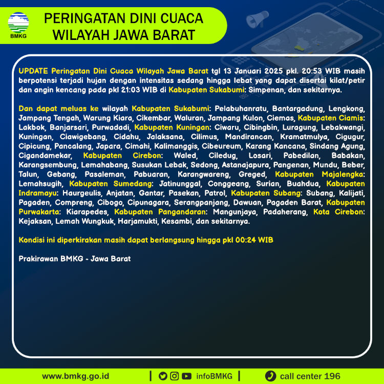 infoBMKG's tweet photo. Update Peringatan Dini Cuaca Wilayah - Jawa Barat Tgl. 13 Januari 2025 pkl. 21:03 WIB
Prakirawan - BMKG - Jawa Barat
https://t.co/wg0xYyoZf2 https://t.co/NRZ2U0fcQs