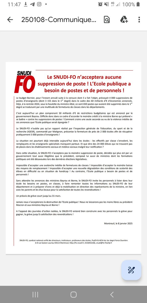 Le SNUDI-FO n’acceptera aucune suppression de poste ! L’Ecole publique a besoin de postes et de personnels !
