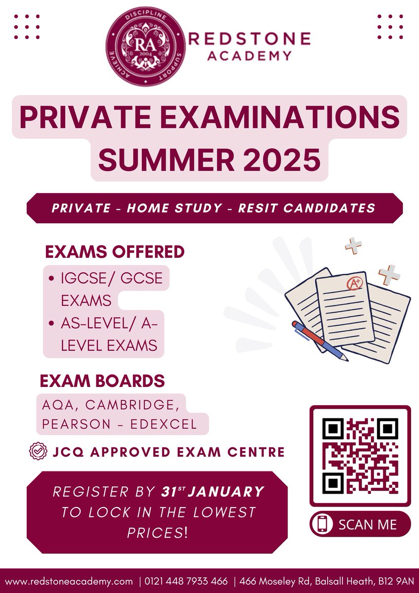 RedstoneAcademy's tweet image. 📚 Redstone Academy Private Examinations - Summer 2025 🎓
📌 Exams Offered: 
✅ GCSE/IGCSE
✅ AS Levels
✅ A Levels

📅 Exam Dates:
🗓️ Summer 2025

⏰ Registration Deadline: Register by 31st January to lock in the lowest prices!

Registration form: forms.gle/PqSYQsGxD6gr2S…