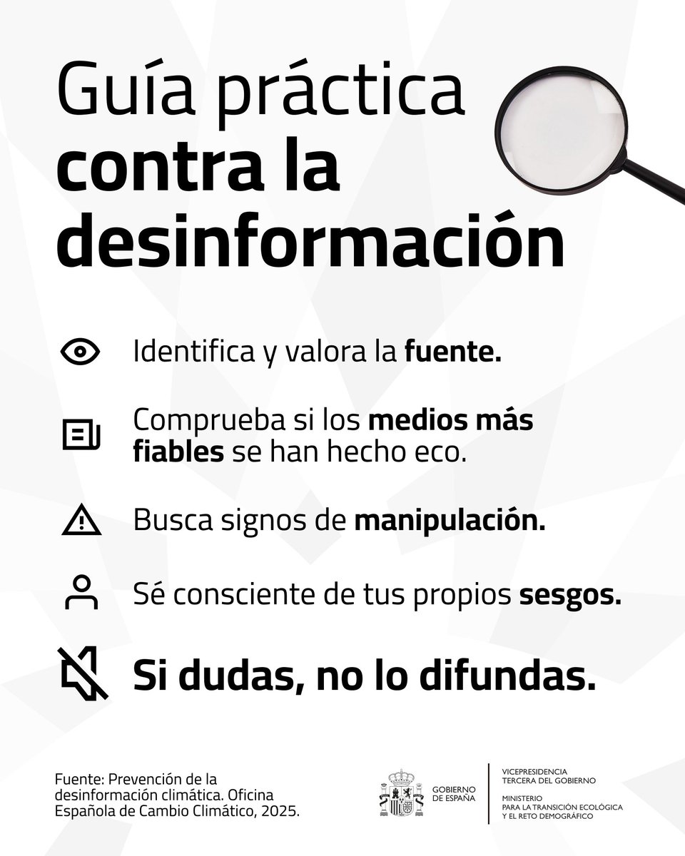 El cambio climático es uno de los principales objetivos del negacionismo

La información abre oportunidades
🔴 La desinformación nos pone en peligro

Documento 'Prevención de la desinformación climática' dentro del PNACC

Claves para combatir bulos ↓↓
» t.ly/Y_-EO