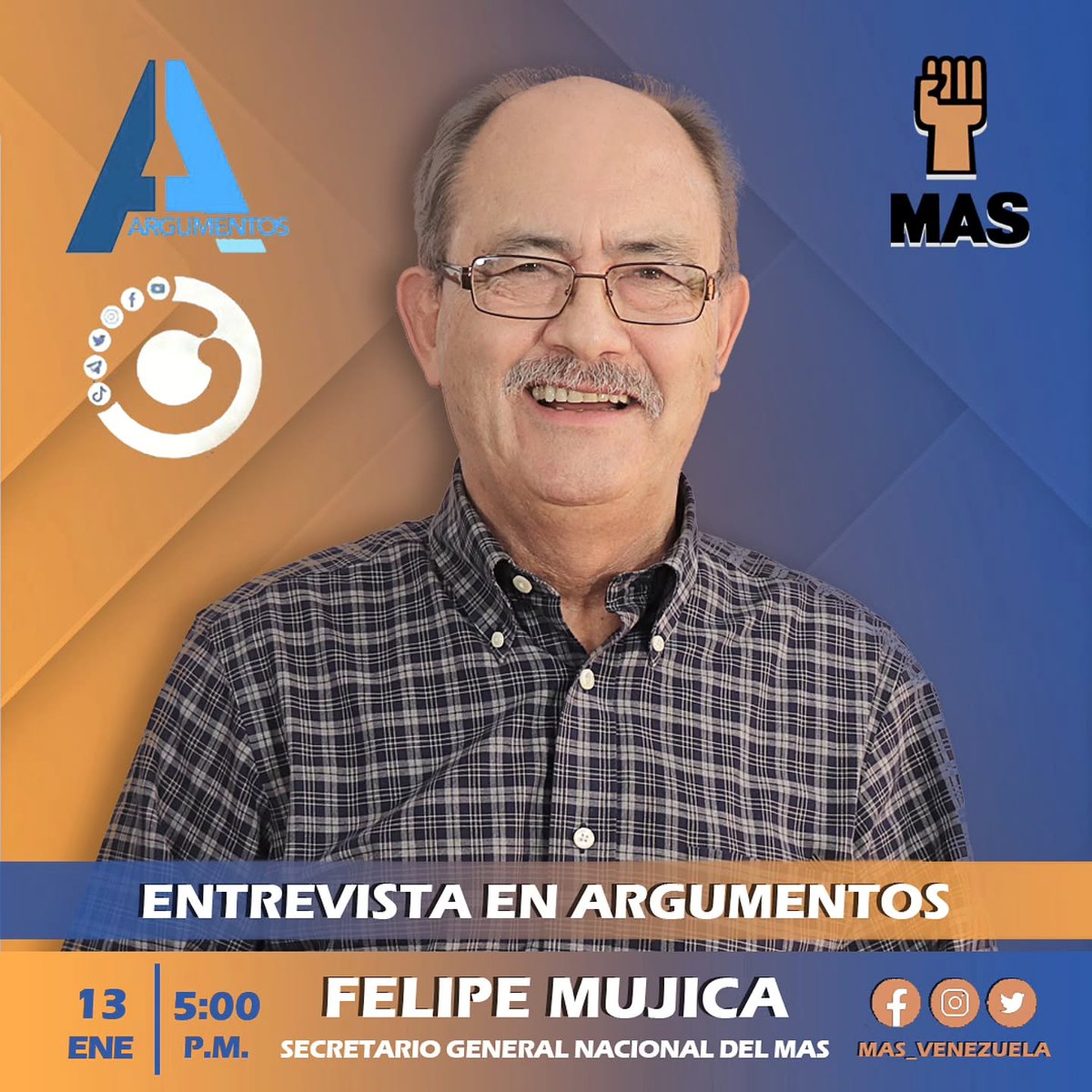 El secretario general nacional del MAS, Felipe Mujica, estará conversando este lunes a las 5:00 p.m con la periodista Zorienmy González <a href="/zorienmy/">Zorienmy GO</a> en <a href="/argumentosgv/">Argumentos GV</a> por <a href="/globovision/">Globovisión</a>

Reposición a las 11:00 p.m

¡Atentos a la entrevista!
<a href="/felipemujicah/">felipemujicahdez</a>