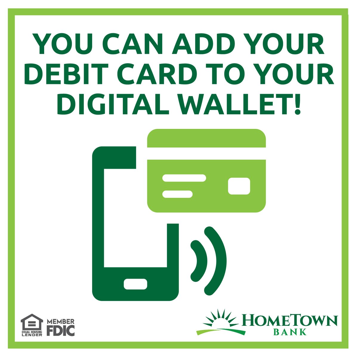 HomeTownBankMN's tweet photo. Adding your card to your digital wallet gives you the same convenience! Just hold your phone to pay quickly and securely in-store. 

Benefits of using your digital wallet:
📲 Enhanced security
📲 Faster checkout
📲 Wallet-free convenience

#BankingConvenience #DigitalWallet https://t.co/8sbbHoacHo