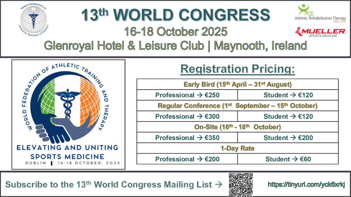 Planning for 13th World Congress? Registration pricing is now available! 🍀
🗓️ Mark your calendars: Registration opens April 2025.
🔗 Subscribe to our mailing list for updates: tinyurl.com/yck6xrkj
 #WorldCongress2025 #SaveTheDate #WFATT