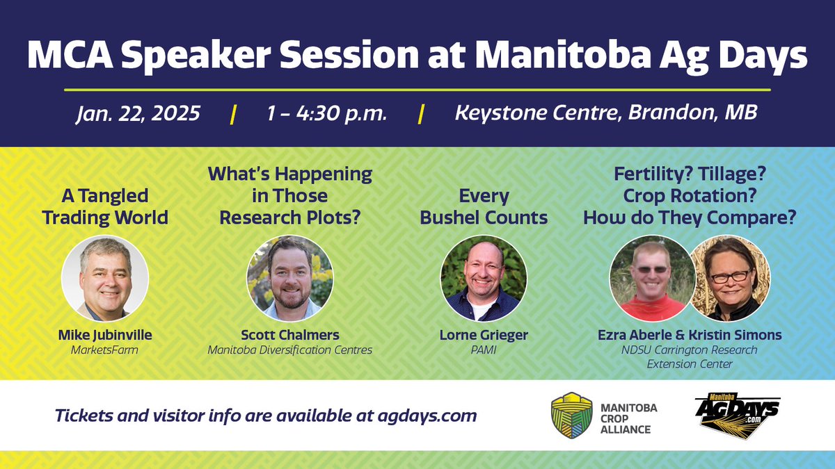 Our speaker session at Manitoba Ag Days is next week! Join us for informative presentations on grain markets, small-plot research, low ground pressure traffic systems and more.

Learn more: ow.ly/Wk9n50UtApA

#cdnag #westcdnag #MbAg