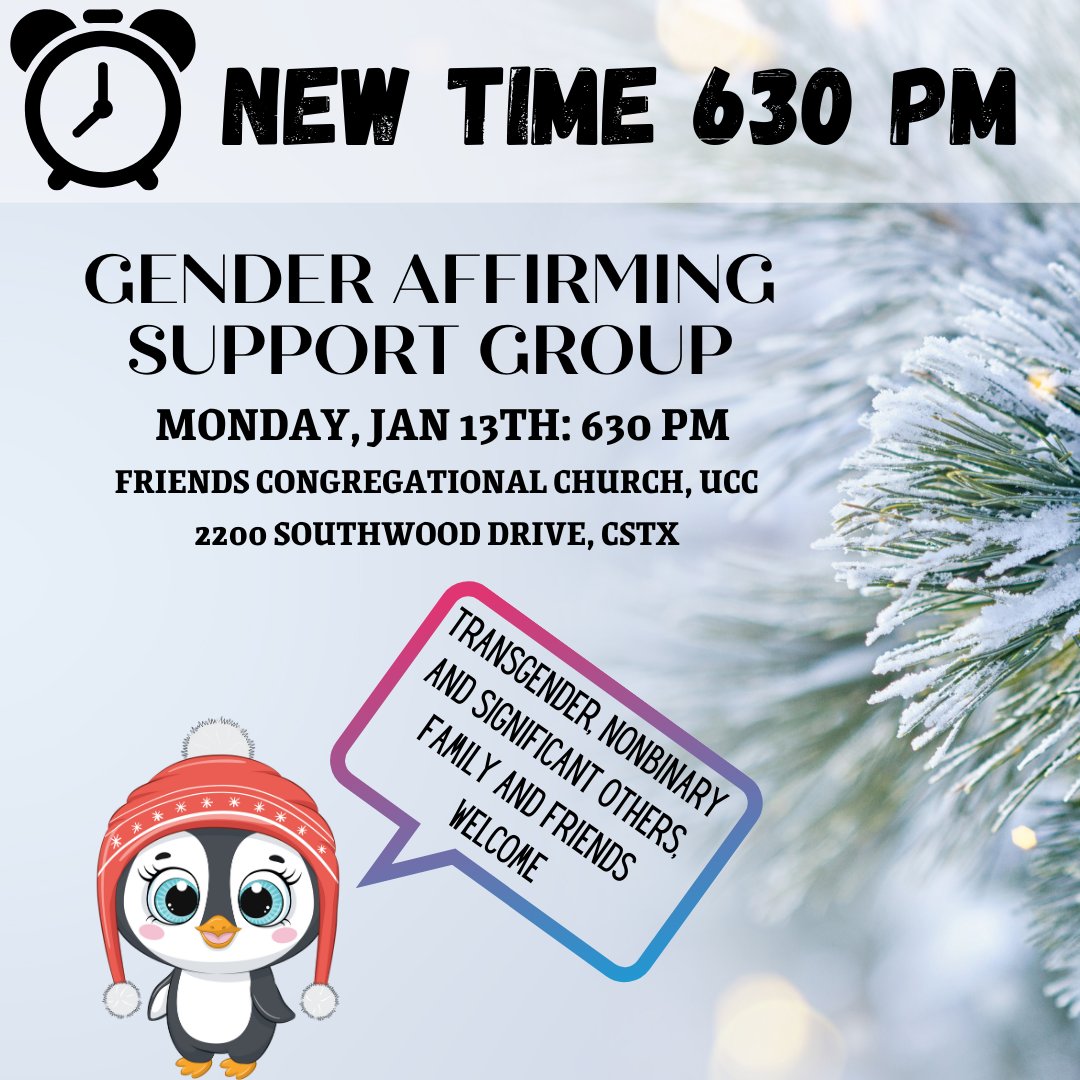 Tonight's Gender Affirming Support Group meeting will be held at 630 pm at Friends Congregational Church, UCC

These peer support group meetings are meant for nonbinary, transgender, gender expansive and gender different persons as well as significant others, family, and friends.
