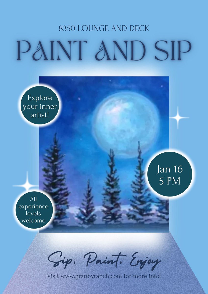 StayWinterPrkCO's tweet photo. This Thursday, 8350 Lounge is hosting another paint and sip event! Come show off your artist skills and sip some wine! All skill levels are welcome. 🍷 🎨 

#granbyranch
#colorado
#winterpark 
#familyvacation
#mountains
#scenicviews
#vacationrental
#familyfriendly https://t.co/RK5iKfpD3F