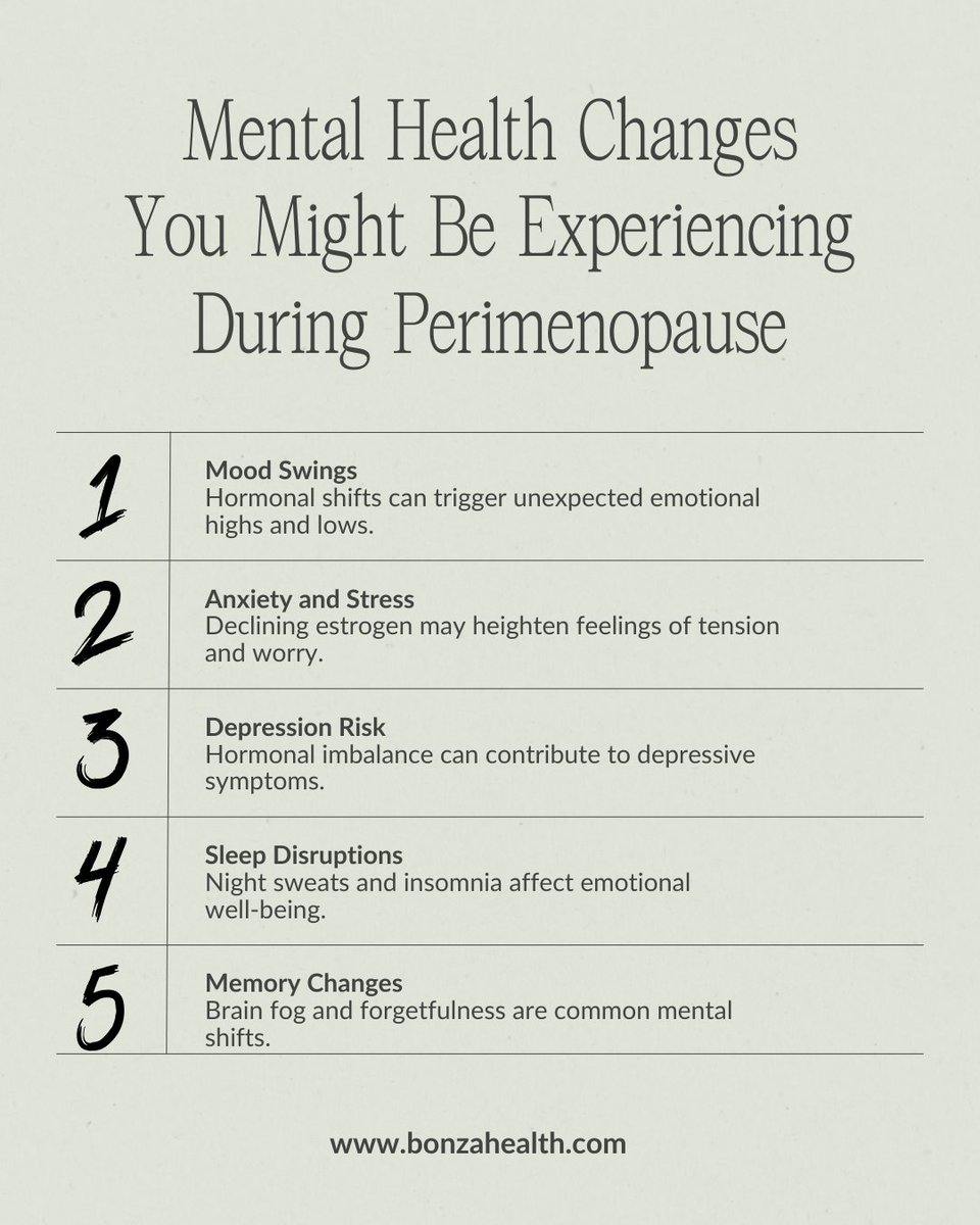 Hormonal changes in perimenopause can feel overwhelming:
1.Mood swings
2.Anxiety &amp; stress
3.Depression risk
4. Sleep disruptions
5. Memory fog

You’re not alone.

Learn how to manage these changes with support from Bonza Health: bonzahealth.com.

#PerimenopauseThreads