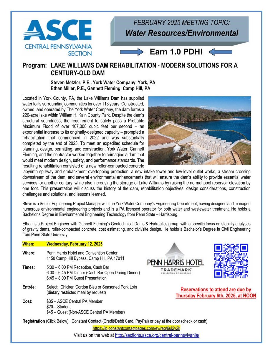 ASCECentralPA's tweet photo. Join ASCE Central PA on Wenesday, February 12, 2025 for our next dinner meeting at the Penn Harris Hotel. The presentation will be on Lake Williams Dam Rehabilitation - Modern Solutions for a Century-Old Dam. 
https://t.co/K2hhhxJYet https://t.co/FIlRVxs1Nf