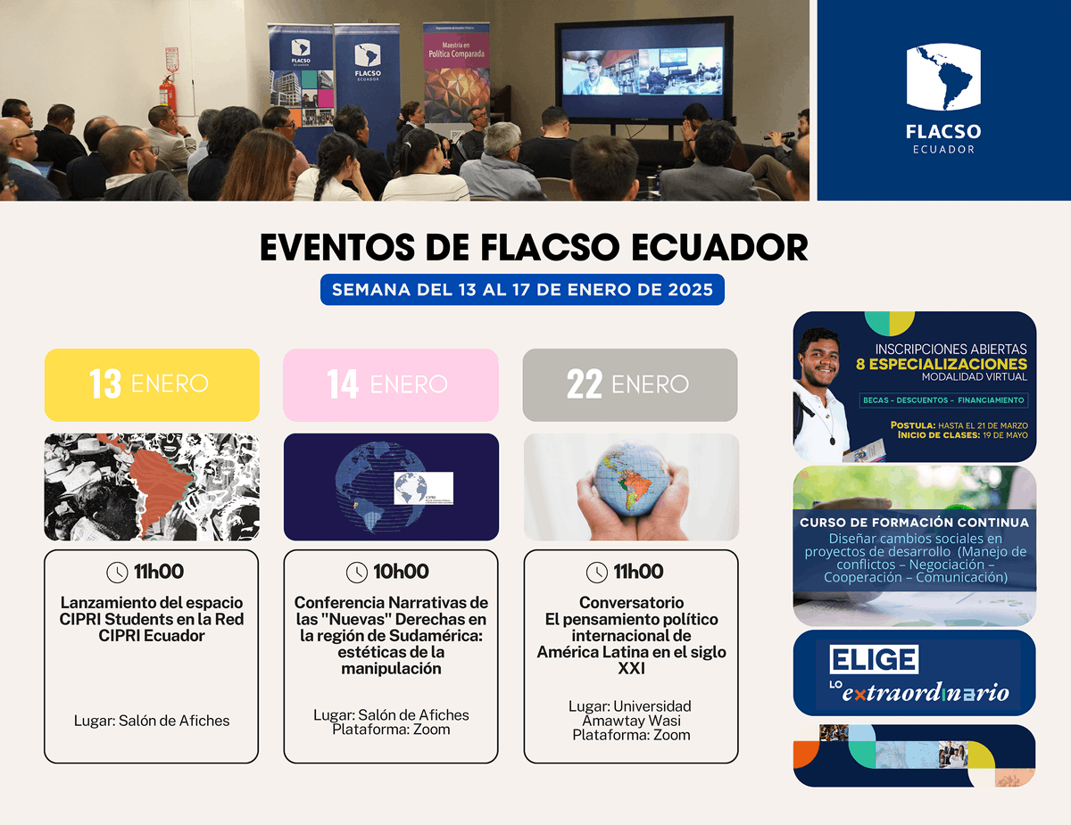FLACSOec's tweet photo. 🗓️🤓 Esta semana en FLACSO Ecuador tenemos una agenda llena de eventos que no te puedes perder.
Más información »» https://t.co/LhMumBzZTq
#FLACSOEcuador #EventosFLACSO #ComunidadFLACSO #EligeloExtraordinario #ADNFLACSO https://t.co/4kTPZZC8HN