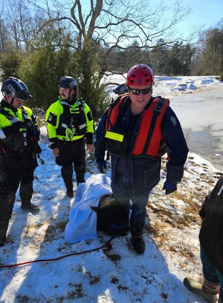 cityofwsfire's tweet photo. Crews responded to call to assist a with a rescue on ice. Units arrived to find an individual on a kayak in a frozen pond trying to rescue his calf. We were able to safely bring the calf to shore and assist the occupant of the kayak back to shore. #Teamwork #WSFire https://t.co/Z9rLZjykiD