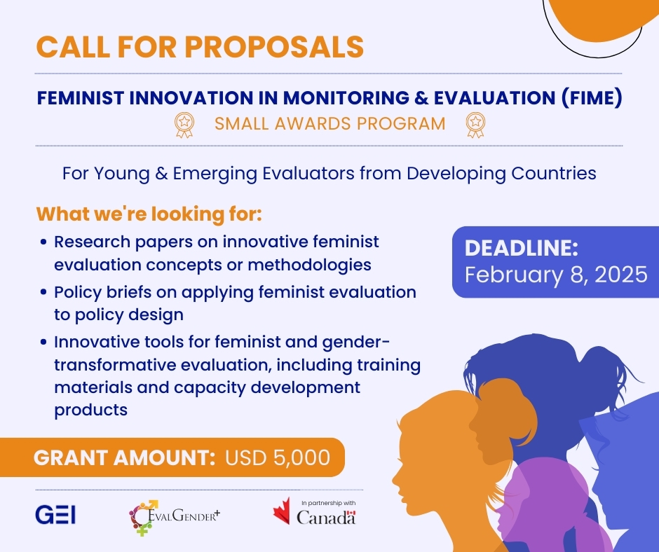 📣 The Call for Proposals is now open for the #FIME Small Awards Program.

Young evaluators from developing countries, this is an opportunity for you to lead innovations in gender-transformative M&amp;E.

Application deadline: Feb. 8, 2025

More info here: bit.ly/40tevlr