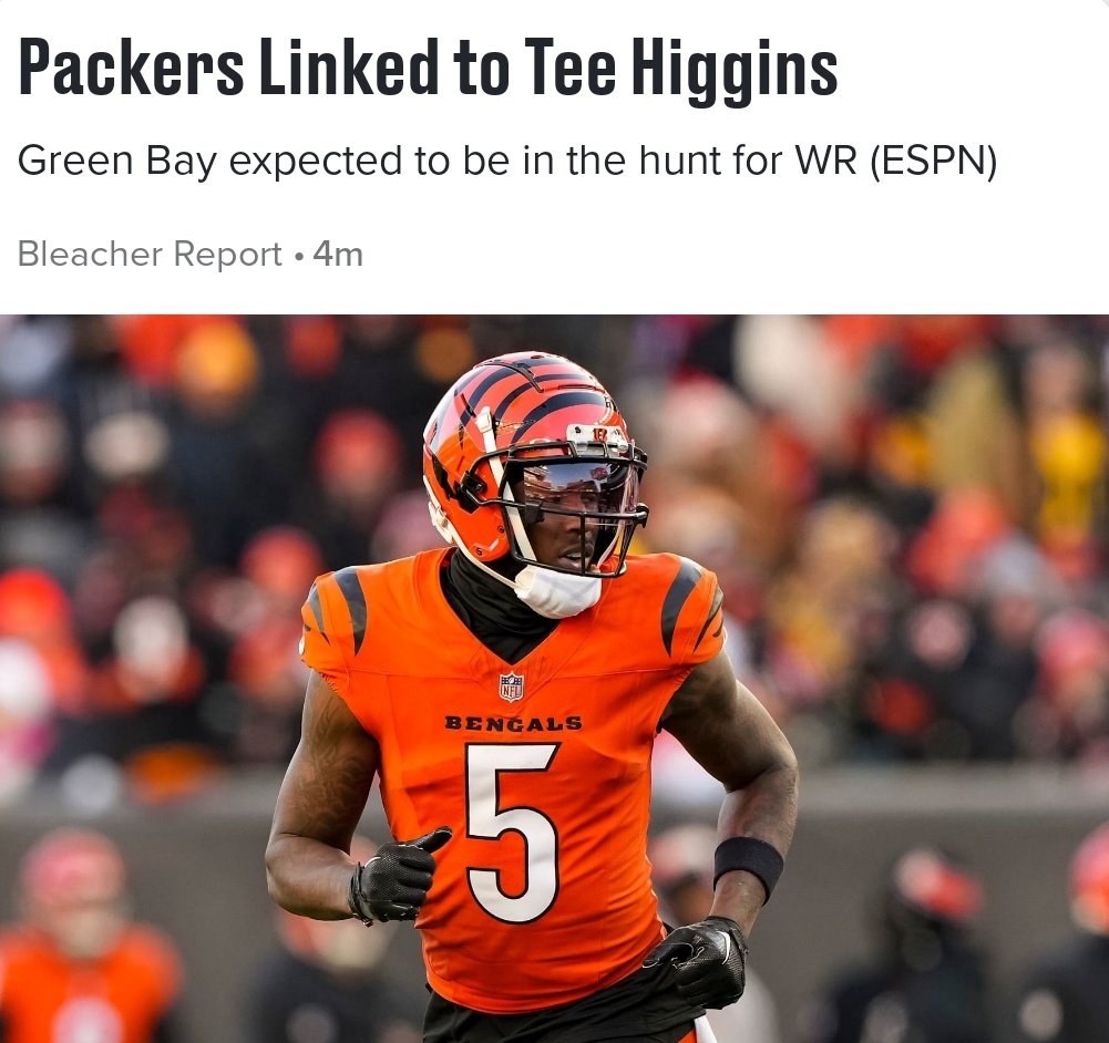 BookOfEli_NFL's tweet photo. The #Packers are expected to "covet" Tee Higgins and will "be in the hunt" to sign him. 

I'm absolutely certain this won't end in disappointment. https://t.co/PFFEPuV5oC