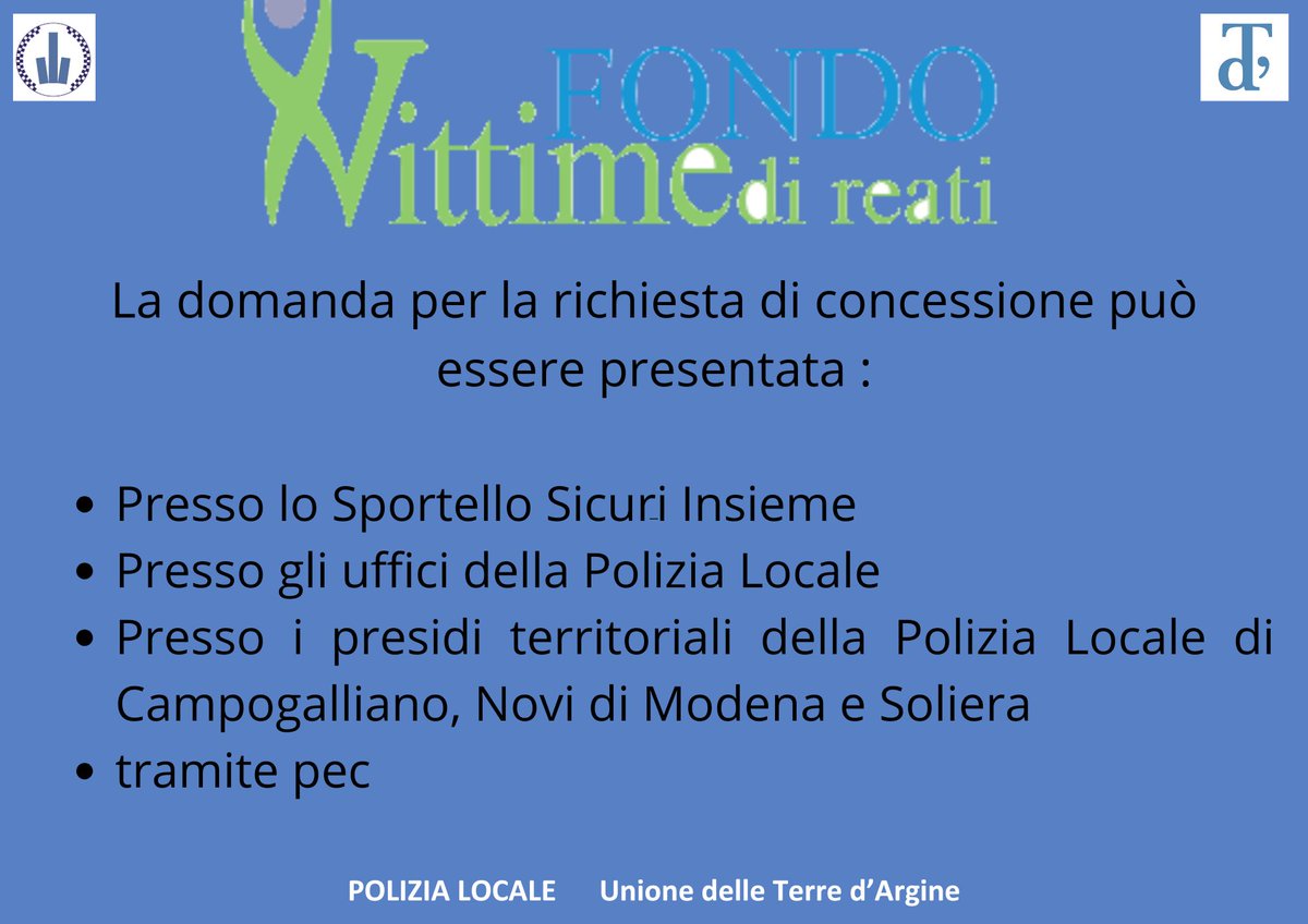 #PLTerredargine INFORMA
Il #Fondorisarcimentovittimedireati predatori (furto, borseggio, ecc) istituito da #UnionedelleTerredArgine prevede contributi per la copertura delle spese sostenute dalle vittime, per danni materiali e psicologici.
Dove presentare la domanda 👇