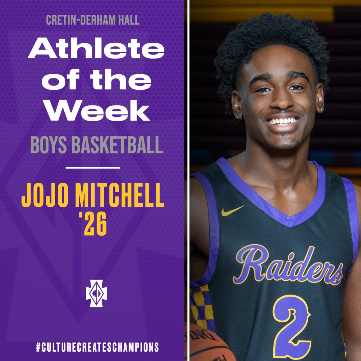 Congratulations to our "Athlete of the Week" Jojo Mitchell '26 from the boys basketball program - Jojo had a great week. In  wins  over Waconia and TG, Jojo scored 36 points, 10 rebounds, 16 assists, 9 steals and had an 8-1 Assist/TO ratio.