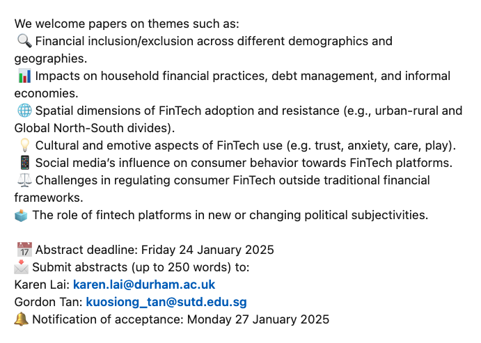 Karen P. Y. Lai (@karenpylai) on Twitter photo 📢Extended deadline📢 #GCEG2025 Call for Papers on '#FinTech and Geographies of Everyday Life' now has new abstract deadline of 24 Jan 2025. Please share with your networks!🙌
Details: linkedin.com/posts/karenpyl…
<a href="/GordonKS_Tan/">Gordon Tan</a> <a href="/fingeonet/">FinGeo Network</a> 📢Extended deadline📢 #GCEG2025 Call for Papers on '#FinTech and Geographies of Everyday Life' now has new abstract deadline of 24 Jan 2025. Please share with your networks!🙌
Details: linkedin.com/posts/karenpyl…
<a href="/GordonKS_Tan/">Gordon Tan</a> <a href="/fingeonet/">FinGeo Network</a>