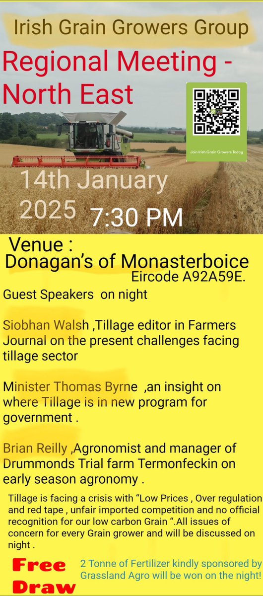🌾 Irish Grain Growers Group Meeting 🌾
Join us in Monasterboice on 14th January 2025 at 7:30 PM to discuss the future of Irish grain farming! A great opportunity to connect with fellow growers and stay updated on industry developments.
See you there! 🚜 #IrishGrain #GrowersGrain