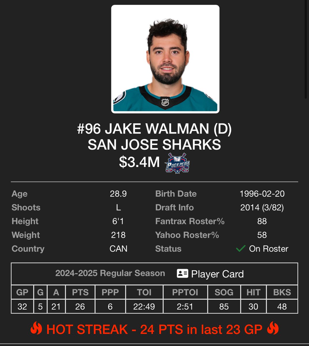 ICYMI: This week’s mega episode of @KeepingKarlsson - Elan and Brian highlight the two hottest🔥 players on <a href="/FrozenTools/">Frozen Tools</a>: Jack Eichel⚔️ and Jake Wallman🦈. No typos here—both are on legit season-long hot streaks with almost no dips. Unreal consistency. #FantasyHockey #SJSharks