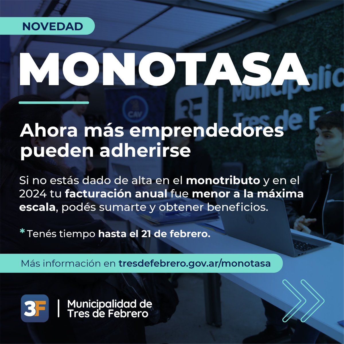 Municipalidad3F's tweet photo. Si no estás dado de alta en el monotributo y en el 2024 facturaste menos de la máxima escala, podés sumarte al régimen de #Monotasa que ampliamos para beneficiarte a vos.
Ingresá a https://t.co/H4u6YisVRL y sumate desde #Mi3F.
Conocé más detalles en 👉 https://t.co/Ey0vbZDAD4 https://t.co/aUIc2ADsZ3